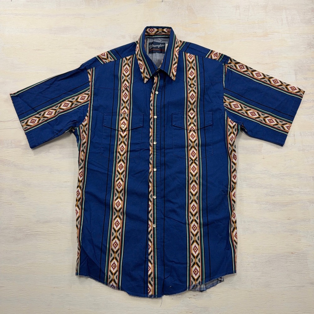 VTG Wrangler Western Shirt Large VTG Southwestern Aztec Stripe Blue Mens L